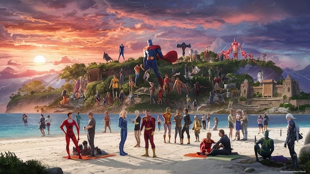 A grand, epic panoramic shot showcasing a diverse cast of superheroes assembled for battle, with a dramatic cosmic background, representing the immense scale and interconnectedness of a major cinematic universe.