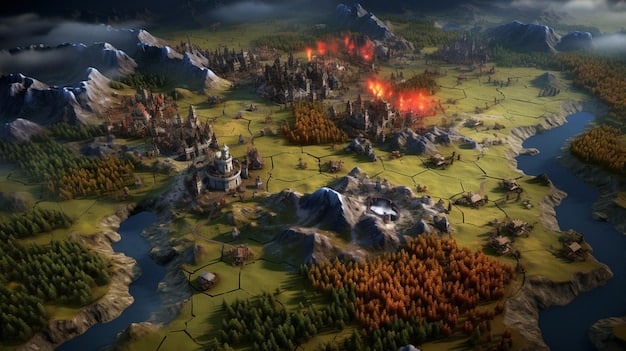 A chaotic, large-scale battle scene from a real-time strategy game, featuring diverse fantasy units clashing amidst destructible environments, highlighting the game's ambitious scope.