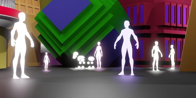 A family interacting with an AI-powered robot guide in a futuristic theme park, with glowing lines on the floor indicating navigation paths and interactive displays in the background.