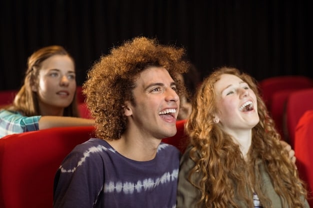A group of excited film festival attendees gathered around a poster for an independent film, discussing the movie with enthusiasm, symbolizing the vital role of festivals in film promotion.