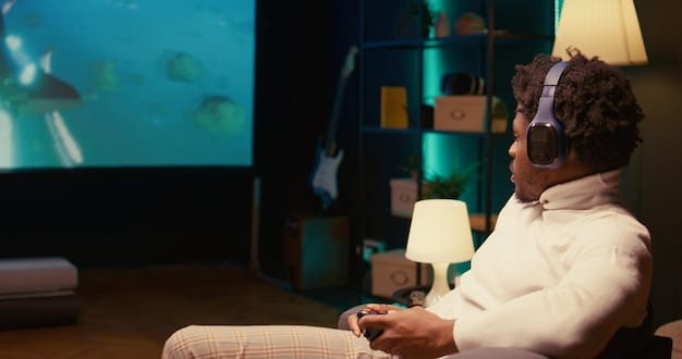 A person wearing comfortable headphones, eyes focused intently on a TV screen, with the surrounding room dimly lit, suggesting deep audio-visual immersion.