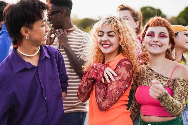 A diverse group of cosplayers laughing and interacting at a sunny outdoor convention, showcasing various character costumes from different genres, highlighting community and camaraderie.