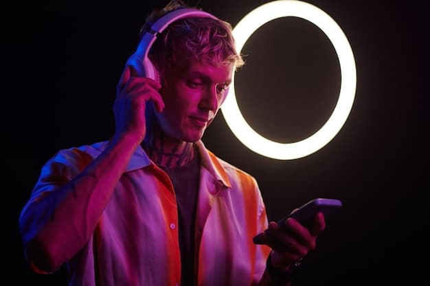 A young artist recording an acoustic performance on their smartphone, illuminated by a ring light, with TikTok and Instagram logos subtly in the background, symbolizing independent music creation for social media.