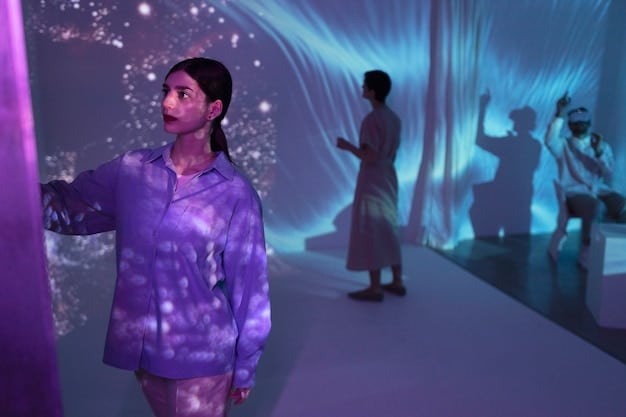 A futuristic concert hall illustration in a metaverse setting, with holographic musicians performing to a diverse virtual audience, signifying the future of music engagement.