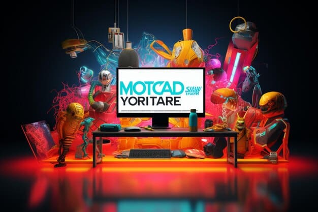 A dynamic image of a person designing a vibrant Broadway show poster on a computer using graphic design software, with other marketing materials scattered around.