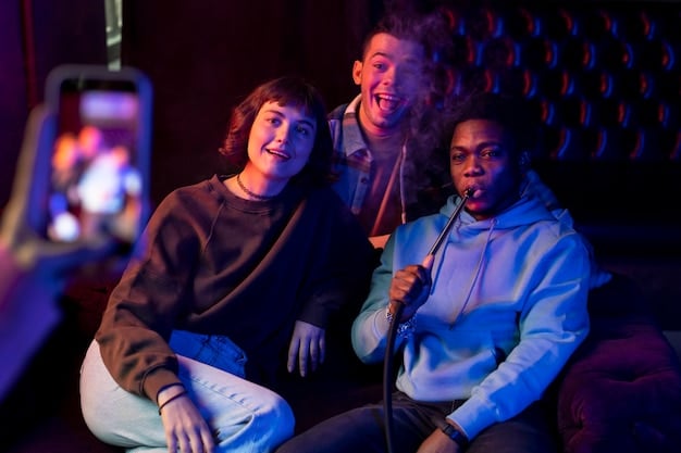 A diverse group of people laughing and actively participating in a sing-along movie screening, with text from the song projected on the screen. The atmosphere is vibrant and joyful.