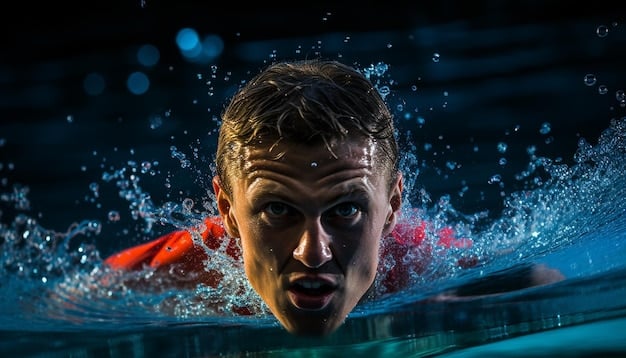 An Olympic swimmer in a starting block, eyes intensely focused on the water, with a subtle ripple effect around them symbolizing mental concentration.