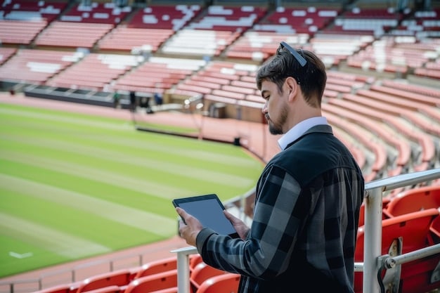 A baseball manager in a dugout looking at an iPad displaying complex baseball statistics and a field diagram with player positions.