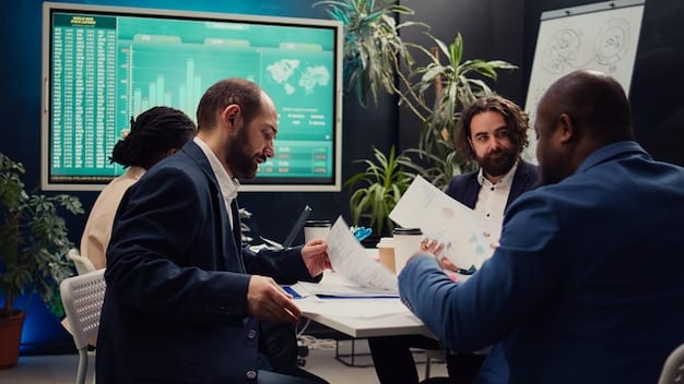 A diverse group of financial advisors in a meeting room, intensely discussing investment portfolios on a screen.