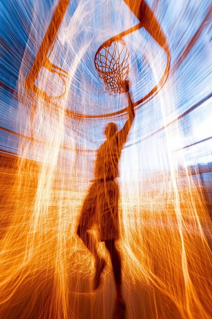 A basketball player in mid-air, dunking fiercely, with a blurred cityscape in the background and subtle digital lines connecting him to various team logos, symbolizing trade talks and player movement.