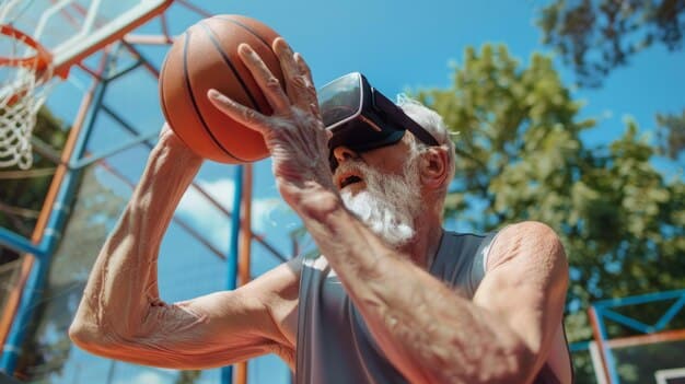 A basketball player wearing subtle eye-tracking glasses during a practice session, with a superimposed heatmap showing their gaze patterns on the court.
