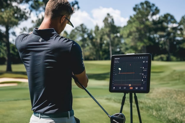 A golfer standing next to a camera tripod with a tablet displaying a golf swing, with analysis lines drawn on the screen, indicating a professional setup for video analysis.
