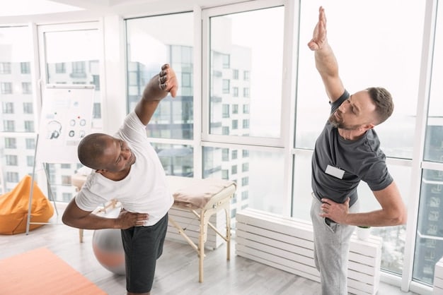An athlete stretching intensely after a rigorous training session, focusing on flexibility and injury prevention, with a physiotherapist offering guidance in the background.