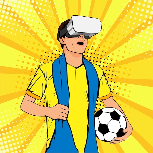 A stylized graphic illustrating a sports fan wearing VR goggles, immersed in a virtual stadium environment while interacting with other digital avatars, with holographic team stats floating around them.