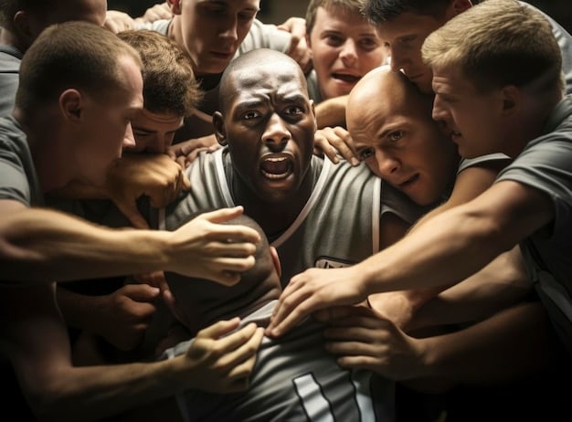 A sports team huddling closely after a defeat, showing solidarity and thoughtful expressions, emphasizing resilience and collective debriefing after a tough game.