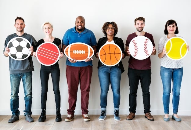 A diverse panel of sports industry leaders, including men and women of various ethnicities, engaged in a discussion about diversity and inclusion, with a projector screen showing data visualizations in the background. The mood is collaborative and forward-thinking.