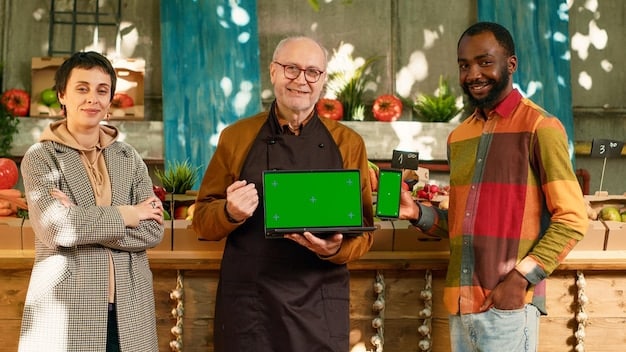 A diverse group of people in a modern community center in a rural town, happily using laptops and tablets with a prominent 5G signal icon displayed.