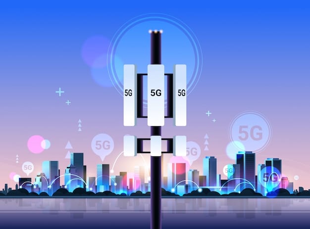 A futuristic infographic depicting the evolution of connectivity, with 5G towers and fiber optic lines extending into remote areas, showing interconnected smart devices and sustainable energy integration.