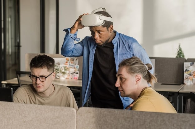 High school students collaboratively engaged in a VR project, some wearing headsets while others observe scientific data on a large screen, indicating teamwork and technology integration in a STEM context.