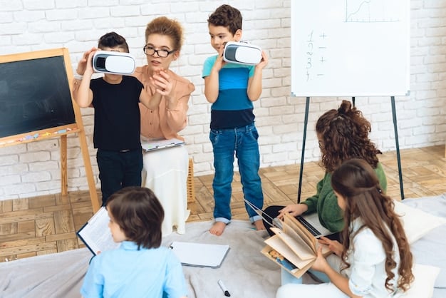 A high school science teacher (female) guiding students using VR headsets during a biology lesson, pointing to a virtual model appearing on a projected screen, emphasizing instruction and interaction.
