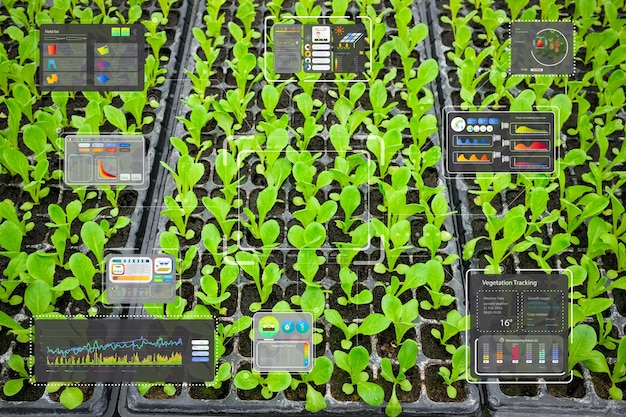 A detailed digital rendering of an AI-powered agricultural dashboard, displaying real-time data visualizations of soil moisture, crop health, weather forecasts, and drone flight paths, with analytical graphs and alerts clearly visible to a farmer reviewing it on a tablet.