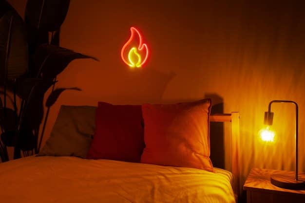 A bedroom with smart lighting casting a warm, amber glow, a smart thermostat on the wall, and a glimpse of a smart bed, all contributing to a restful atmosphere.