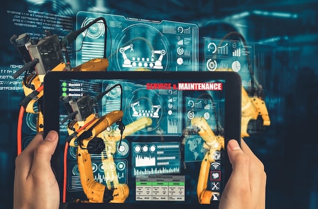A detailed schematic of an industrial machine overlaid onto its physical counterpart via an augmented reality headset, showing repair instructions.