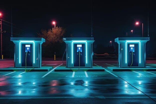A sleek electric car charging at a futuristic, high-speed public charging station in a city, with multiple charging points and clear digital displays, indicating growing infrastructure.
