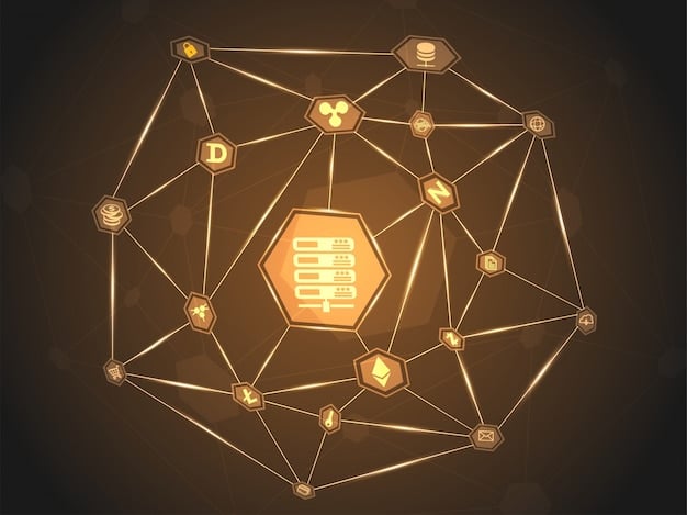 A complex network diagram illustrating different blockchain platforms attempting to connect and exchange data, representing the challenge of interoperability, with question marks emphasizing the friction points.