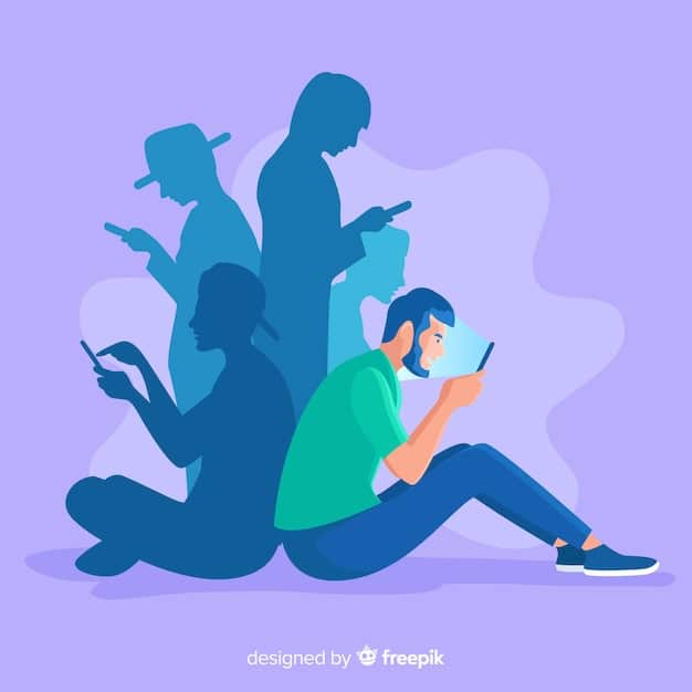 A stylized illustration depicting a person looking anxiously at their phone, surrounded by shadowy figures engaged in various social activities, conveying the feeling of FOMO and social isolation despite connectivity.