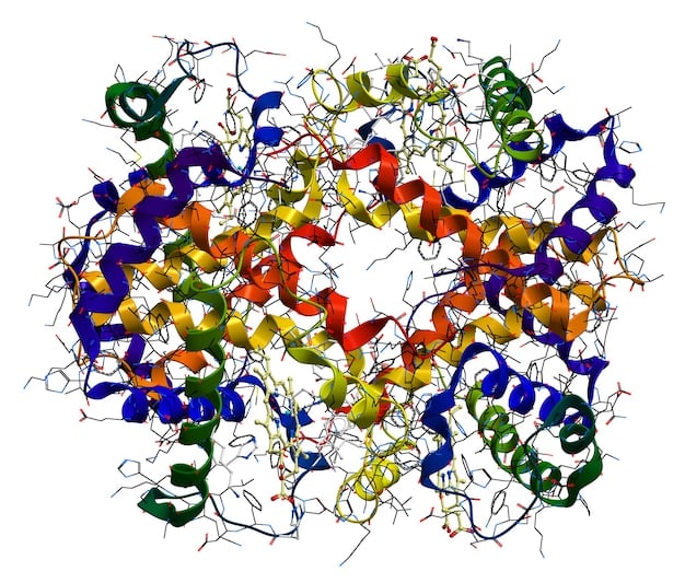 A schematic diagram illustrating a network of interacting genes and proteins within a cancer cell, with specific nodes highlighted as drug targets.