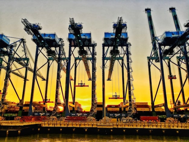 A bustling port with cargo ships being loaded and unloaded by large cranes at sunset, illustrating robust supply chain activity.