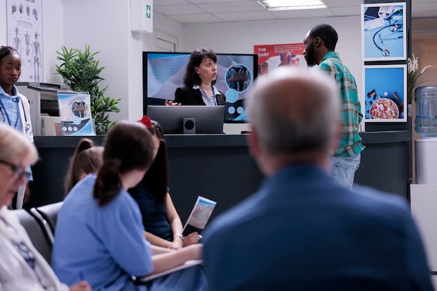 A diverse group of doctors and patients interacting via virtual screens, symbolizing the widespread adoption of telemedicine, with medical data graphics in the background.