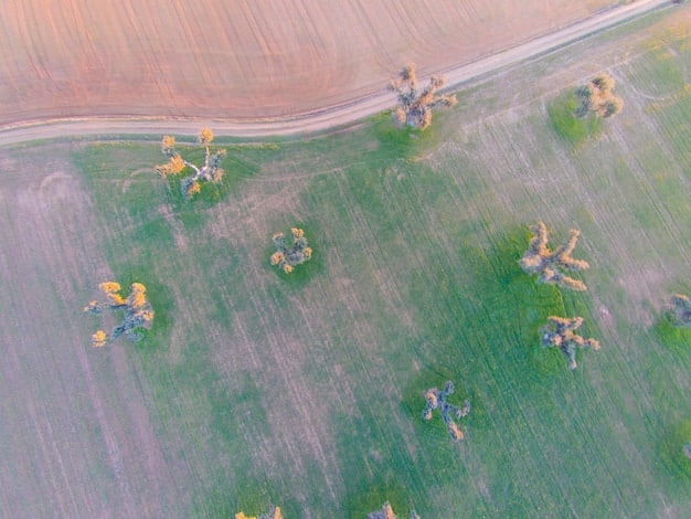 An aerial drone shot of a diverse, healthy farm field with clear conservation practices visible, such as cover cropping or terracing, symbolizing sustainable agriculture and climate resilience.