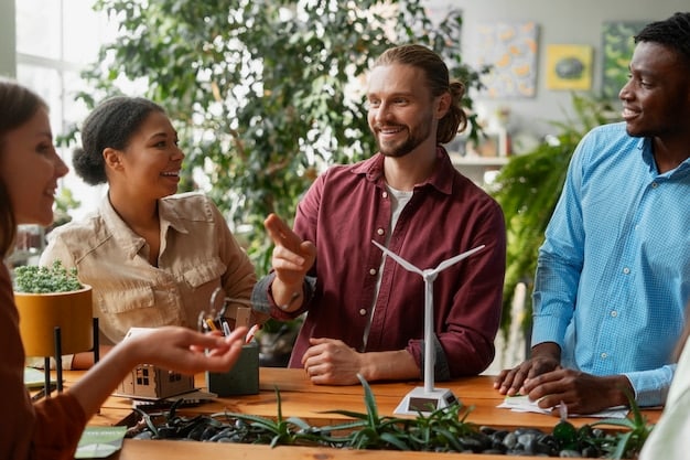 A diverse group of people, representing different ages and backgrounds, participating in a job fair focused on green technologies and renewable energy, illustrating new employment opportunities.