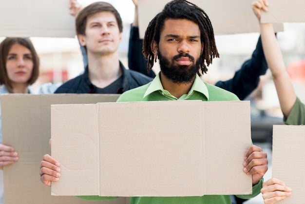 Diverse group of people from different backgrounds engaged in peaceful protest, holding signs related to religious freedom and civil liberties near a government building.