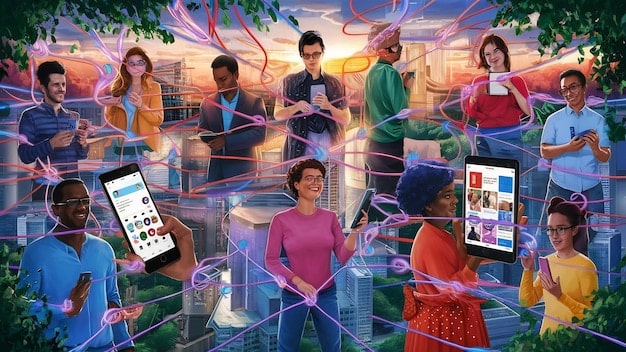 A digital marketplace vibrant with diverse businesses, from small startups to large corporations, highlighting the potential for uneven competition or accelerated growth based on internet access rules.