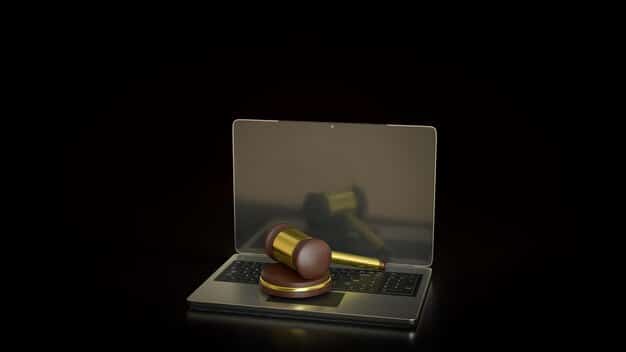 A court gavel resting on a legal document with a blurred background of a digital screen displaying cybersecurity symbols and a Russian flag, symbolizing legal action against cyber interference.