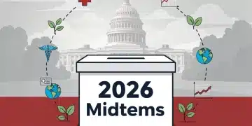 Stylised graphic for 2026 Midterm Elections, ballot box, policy symbols, US Capitol.