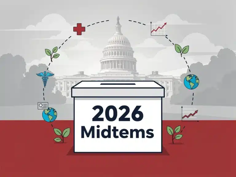 Stylised graphic for 2026 Midterm Elections, ballot box, policy symbols, US Capitol.