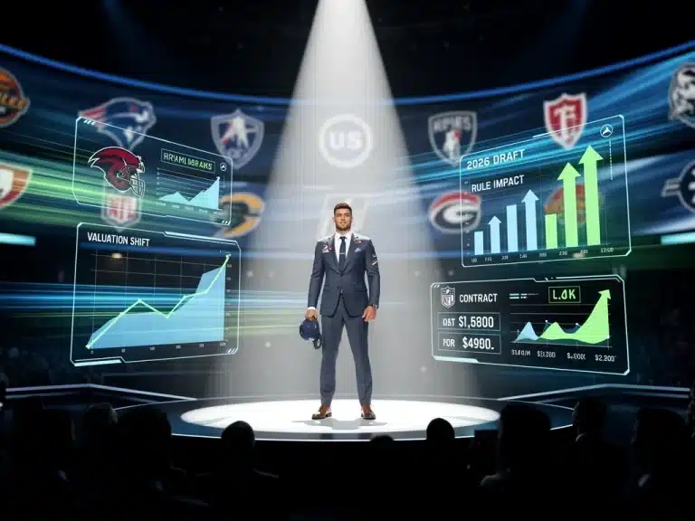 Dynamic athlete under spotlight on draft stage with data overlay, symbolising 2026 US Pro Sports Draft rule changes.
