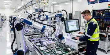 Advanced robotic arms working on a production line in a modern US manufacturing plant, demonstrating efficient automation.