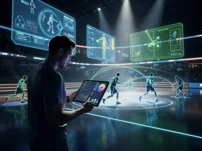 Advanced sports analytics dashboard showing real-time player data and strategic insights for coaching decisions in a modern US sports league setting.