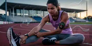Athlete using smart wearable for data-driven recovery on a modern track