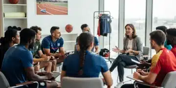 Athletes participating in a sports psychology session, focusing on mental well-being and performance enhancement.