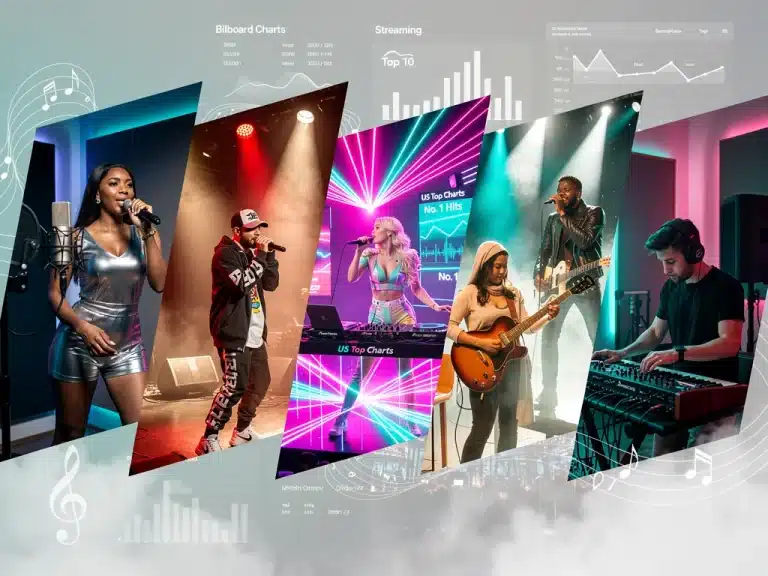 Seven emerging music artists with diverse styles, celebrating their chart success in the US, Q1 2026.