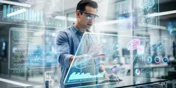Data scientist interacting with advanced AI data visualisation tools in a futuristic lab setting, highlighting efficiency gains.