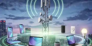 Illustration of 5G tower connecting devices with FCC logo, representing regulatory compliance for US tech companies by March 2026.