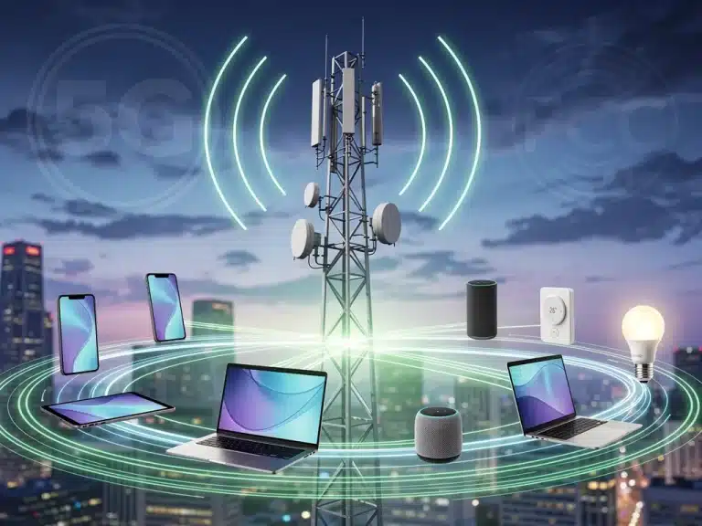 Illustration of 5G tower connecting devices with FCC logo, representing regulatory compliance for US tech companies by March 2026.