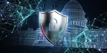 Digital shield protecting against cyber threats, symbolising federal cybersecurity regulations 2026